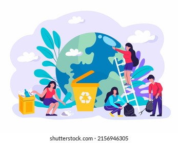 Flat illustration, concept, banner. Volunteers help to put plastic bags in garbage bags for recycling. at the park It makes the environment better and can prevent global warming.