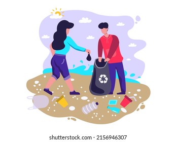 Ilustración plana, concepto, pancarta. Voluntarios recogen basura en la playa en el mar. que es para proteger el medio ambiente El hermoso mar lo hace atractivo para los turistas.