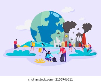 Flat illustration, concept, banner. Volunteers help collect garbage in factories that pollute the world. is to protect the environment It makes the air good and can prevent global warming.