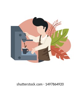 flat illustration concept, boy, barista, coffe, bussiness, work, suitable for landingpage, ui/ux, eps 10