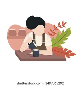 flat illustration concept, boy, barista, coffe, bussiness, work, suitable for landingpage, ui/ux, eps 10