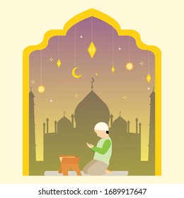 Ilustración plana de los niños rezan en la noche ramadan kareem, adecuado para fondo, tarjeta, papel pintado, banner, portada, negocios, afiche, plantilla, volante. Ilustración de vectores planos de dibujos animados.