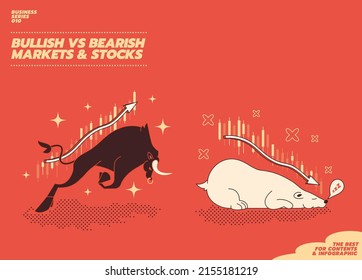 Flat illustration concept of bull or bullish run pattern and bear or bearish market trend in crypto currency or stock markets. 
