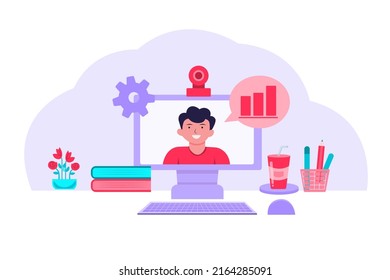 Flat illustration. Concept businessman making video call via computer. Make communication successful and fast Can be used for corporate or office use.