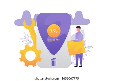 Flat illustration concept of cache cleaning applications, junk files, with a combination of people and objects around make a more attractive design, suitable for advertising technology or software