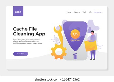 Flat illustration concept of cache cleaning applications, junk files, with a combination of people and objects around make a more attractive design, perfect for landing page, application opening.