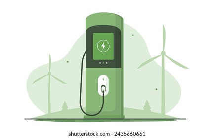 Flat illustration concept of charging stations for electric vehicles. Renewable energy concept. hills with wind turbines in the background. Green sustainable vector illustration.