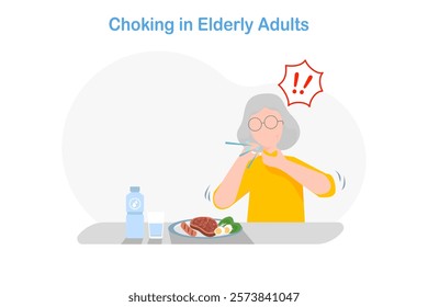 Flat illustration in the concept of choking in elderly people. An elderly woman in a yellow shirt is eating food and choking on food.