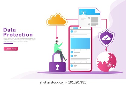 Flat Illustration concept of cloud protection and data network security for social media users around the world. for landing pages, banners, UI, print media, presentation