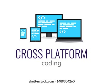 Flat illustration, concept coding website. Vector icons electronic devices. smartphone, tablet, laptop and desktop computer. Bright blue icon.