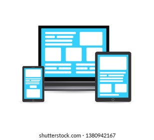 Flat illustration, concept cross platform design website. Vector icons electronic devices. smartphone, tablet, laptop and desktop computer. 