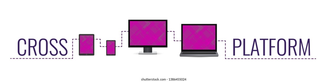 Flat illustration, concept cross platform design website. Vector icons electronic devices. smartphone, tablet, laptop and desktop computer. 