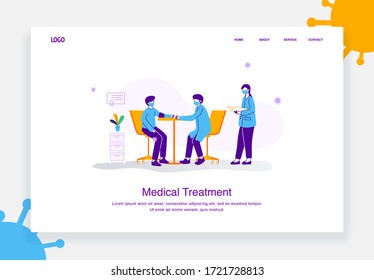 concepto de ilustración plana de médicos y enfermeras que controlan la presión arterial de los pacientes expuestos a virus, código 19 para la plantilla de la página de inicio