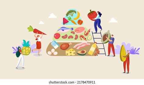 Flat illustration. The concept of eating the five food groups with good nutrition. Will make healthy vegetables, meat, fruits that are low in cholesterol and calories.