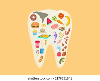 Flat illustration. The concept of eating foods high in sugar will cause tooth decay such as snacks, candy, donuts, soft drinks. Eat healthy foods such as vegetables, milk, fish.