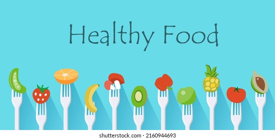 Flat illustration concept Eating healthy foods such as bananas, apples, kiwis, oranges, mushrooms, strawberries, tomatoes are all vegetarian.