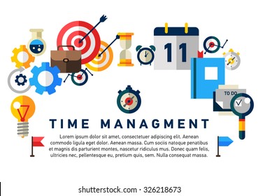 Flat illustration concept of effective businessman who plans and organizes working time, deals deadlines, achieves goals. Can used for web banners, hero images, printed materials. Management concept 