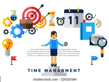 Flat illustration concept of effective businessman who plans and organizes working time, deals deadlines, achieves goals.Can used for web banners, hero images, printed materials. Management concept 