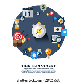 Flat illustration concept of effective businessman who plans and organizes working time, deals deadlines, achieves goals.Can used for web banners, hero images, printed materials. Management concept 
