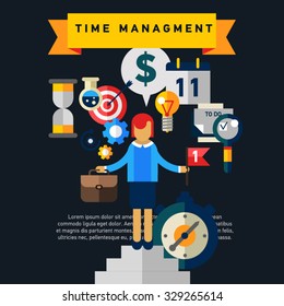 Flat illustration concept of effective businessman who plans and organizes working time, deals deadlines, achieves goals.Can used for web banners, hero images, printed materials. Management concept 