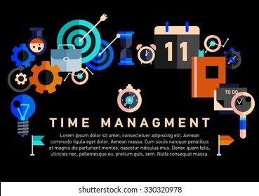 Flat illustration concept of effective businessman who plans and organizes working time, deals deadlines, achieves goals.Can used for web banners, hero images, printed materials. Management concept 