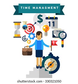 Flat illustration concept of effective businessman who plans and organizes working time, deals deadlines, achieves goals.Can used for web banners, hero images, printed materials. Management concept 