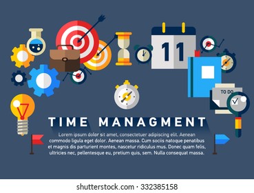 Flat illustration concept of effective businessman who plans and organizes working time, deals deadlines, achieves goals.Can used for web banners, hero images, printed materials. Management concept 