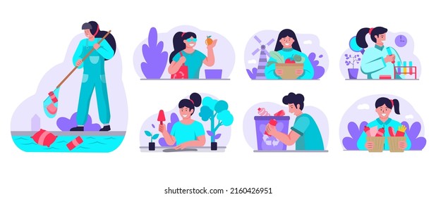 Flat illustration concept Environmental conservation image set in various ways such as
Garbage collection, planting trees, using cloth bags, growing your own vegetables. plant research
and recycle.