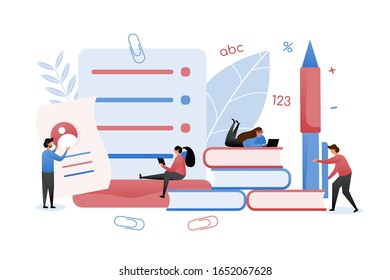 Concepto de ilustración plana de educación, conocimiento. Gente leyendo un libro, creando portafolio, escribiendo en un portátil. Adecuado para banners, presentaciones, etc.