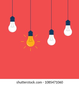 Flat Illustration Concept of Light Bulbs. Idea Design Concept. Creative Thinking. Red Background