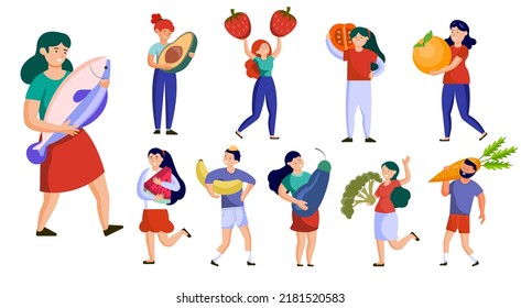 Flat Illustration Concept The Little Character Is Holding Large Fruits Like Lemons, Strawberries, Oranges, Bananas, Grapes, Watermelons, Avocados, Apples, Tomatoes, All For Your Good Health.