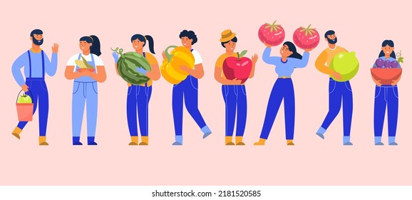 Flat Illustration Concept The Little Character Is Holding Large Fruits Like Lemons, Strawberries, Oranges, Bananas, Grapes, Watermelons, Avocados, Apples, Tomatoes, All For Your Good Health.