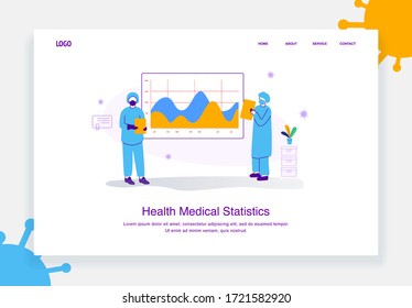 Flat Illustration Concept Of Medical Team Showing Health Data Analysis, Covid 19 Diagram Statistic For Landing Page Template