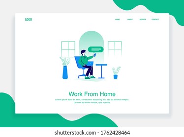 flat illustration concept of men work from home using a laptop while texting with smartphone for landing page template