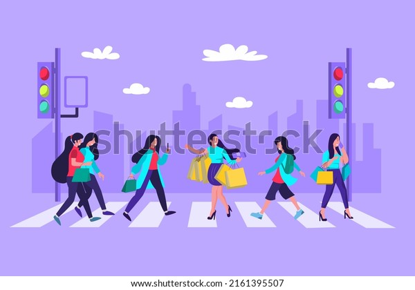 Flat illustration concept people walking across the\
crosswalk in the city to be aware of the risks of traffic, safety,\
on foot Have to keep an eye on the transportation of the car as\
well.