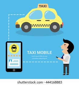 Flat illustration concept process of booking taxi via mobile app