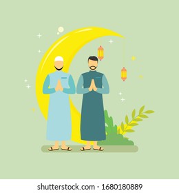 Flat illustration concept of Ramadan Kareem, suitable for background, card, wallpaper, banner, cover, business, poster, template, flyer. Cartoon Flat Vector Illustration.