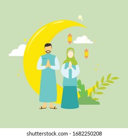 Flat illustration concept of Ramadan Kareem, suitable for background, card, wallpaper, banner, cover, business, poster, template, flyer. Cartoon Flat Vector Illustration.