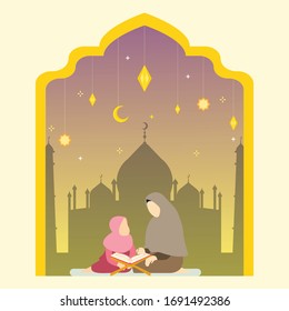 Flat illustration concept of Ramadan Kareem about mom and daughter reading Quran , suitable for background, card, wallpaper, banner, cover, business, poster, template, flyer. Cartoon vector.