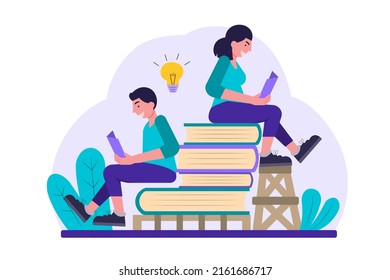 Flat Illustration. Concept Of Reading In The Library, Acquiring Knowledge In Schools, Based On Interests Such As Science, Literature, Health, Urban Situation.