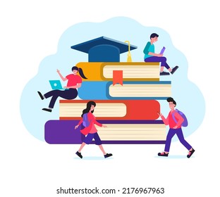 Flat Illustration. Concept Of Reading In The Library, Acquiring Knowledge In Schools, Based On Interests Such As Science, Literature, Health, Urban Situation.