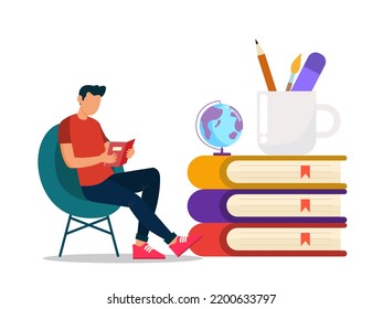 Flat Illustration. Concept Of Reading In The Library, Acquiring Knowledge In Schools, Based On Interests Such As Science, Literature, Health, Urban Situation.