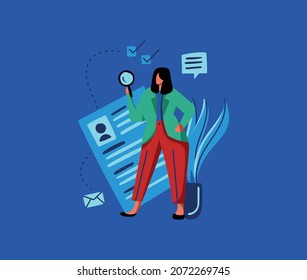 Flat illustration of concept of recruitment, new employees, resume, searching for new candidates, conversation, interviews and more.