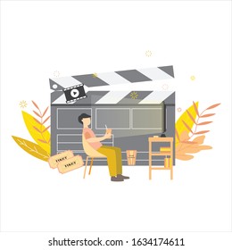 Flat illustration concept of a sit man watching movie time, suitable for background, card, wallpaper, banner, cover, business, poster, template, flyer. Cartoon Flat Vector Illustration ui ux.