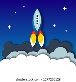 Flat illustration concept of space rocket ship startup on dark background of mountains and starry sky. vector