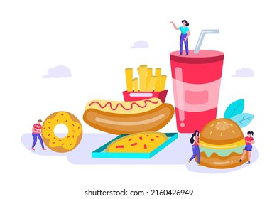 Flat illustration concept Tiny people are eating fast food: donuts, pizza, French fries, stuffed bread, sausages, drinks, soft drinks, hamburgers. which is western food that provides high nutritional.