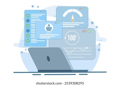 Conceito de ilustração plana de teste de usabilidade, engenharia de controle de qualidade, desenvolvedor, testador procurando bugs, teste de site, processo de otimização de software, verificação da funcionalidade do aplicativo. Ilustração vetorial