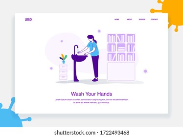 flat illustration concept of woman takes care of her health by washing her hands to avoid the virus for landing page template