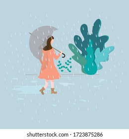 Flat illustration concept of woman walk under the rain Vector, suitable for background, card, wallpaper, banner, cover, business, poster, template, book illustration.