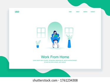 flat illustration concept of women work from home using a laptop for landing page template